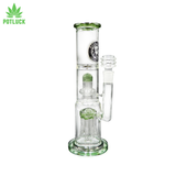 The Basil Bush Bong is a durable, expertly crafted glass piece featuring two percolators and a dual chamber design. with green accents