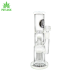 The Basil Bush Bong is a durable, expertly crafted glass piece featuring two percolators and a dual chamber design. with white accents