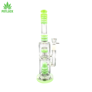 This bong features two percolators and a durable glass construction Blue accents