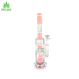 This bong features two percolators and a durable glass construction with pink accents