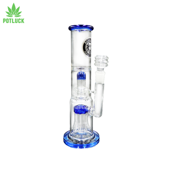 The Basil Bush Bong is a durable, expertly crafted glass piece featuring two percolators and a dual chamber design. with blue accents