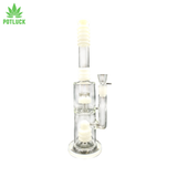 This bong features two percolators and a durable glass construction with white accents