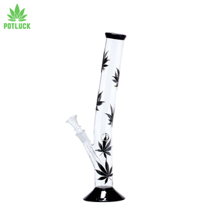 clear bong with black leaves on it with a solid black base and mouthpiece 