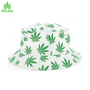 Black bucket hat with green cannabis leaves all over