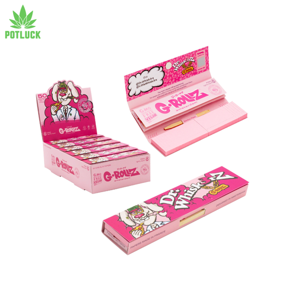 Unbleached extra thin, Chlorine Free, Non GMO, Vegan pink dyed rolling papers with a Dr Whisk3rz 