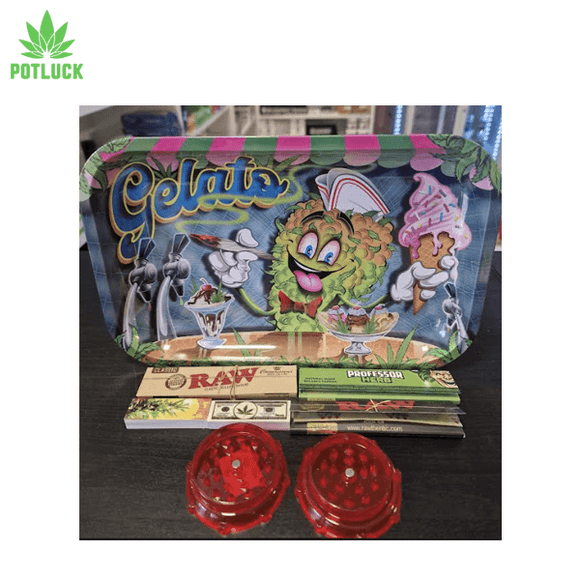 Tray set bundle with gelato herb raw kingsize papers, tips and 2 piece plastic grinder